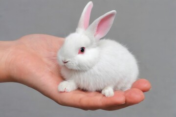 Obraz premium Adorable white rabbit sitting on hand, with pink ears, fluffy fur, alert eyes, against plain grey background.