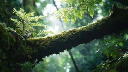 Fototapeta premium Closeup of mosscovered tree branch in tropical forest surrounded by lush green foliage, illuminated by soft sunlight. Peaceful scene.