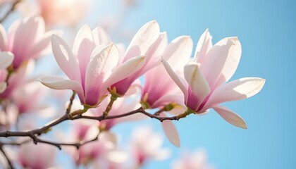 Obraz premium Magnolia flowers bloom in pink and white against a clear blue sky showcasing delicate petals