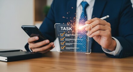 A businessman managing tasks with a digital checklist on a tablet while holding a smartphone device