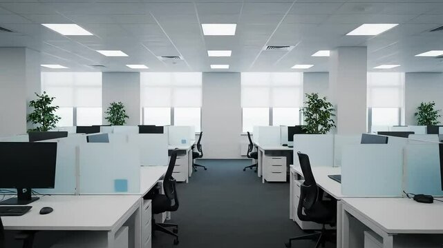 A tracking shot through a clean, modern, and empty open-plan office with rows of white desks and chairs, a perfect background for corporate or business presentations
