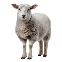 Fototapeta premium A young white sheep stands facing forward isolated on transparent background