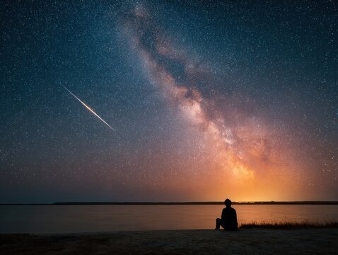 Premium Night Sky Perseids Meteor Shower with Milky Way and Silhouetted Observer for Authentic Stargazing Lifestyle Marketing Campaigns