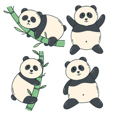 set of cute panda with doodle style