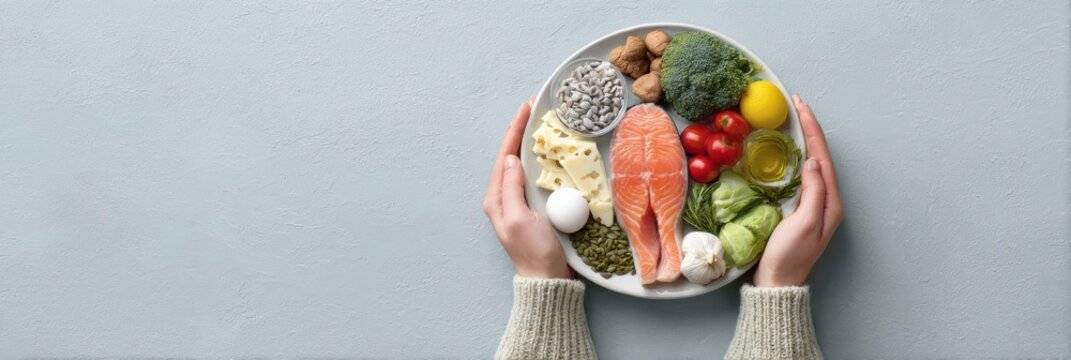 Premium Healthy Living Concept with Seafood and Vegetables Plate Authentic Mindful Nutrition for Modern Wellness and Allergy Awareness Campaigns