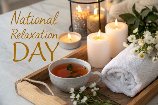 National relaxation day spa candles tea and towel
