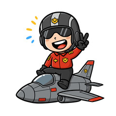 Cartoon pilot with black helmet and red uniform sits atop a small fighter jet, smiling and flashing a peace sign.