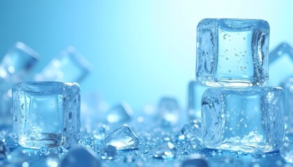 Two stacked ice cubes sit among scattered cubes  droplets against a light blue background