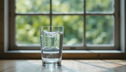 Water glass on wood surface window backdrop with bright blurred greenery