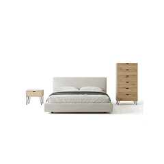 Modern Beige Upholstered Bed with Wooden Nightstand and Tall Chest of Drawers