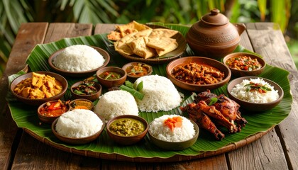High-definition photo of a traditional Sundanese meal served on a banana leaf, featuring nasi liwet, ayam goreng, sambal terasi, lalapan, and sayur asem, shot in natural daylight on a wooden table