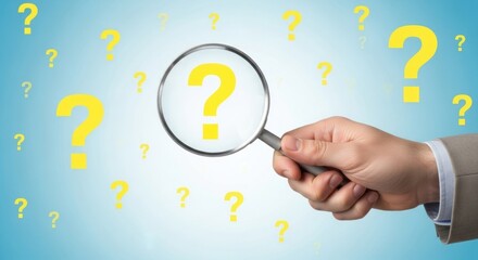 A hand holding a magnifying glass over a yellow question mark with more question marks in the background