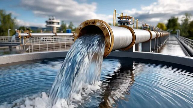Water Treatment Plant: Clean water flows from a large pipe into a treatment basin, signifying the process of water purification and the importance of clean water resources.