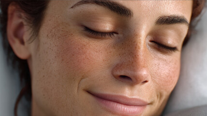 Close up of a woman s face with freckles and closed eyes