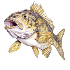 Realistic detailed illustration of a freshwater fish with yellow and brown mottled markings and spiny dorsal fin