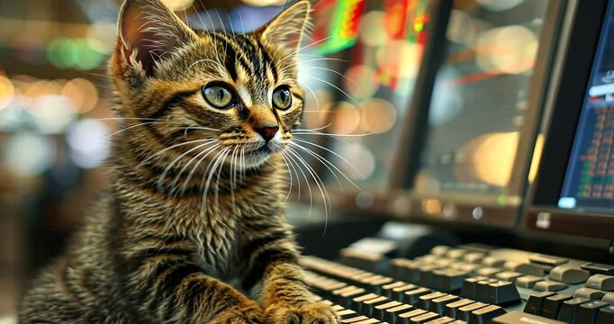 Playful kitten exploring a computer keyboard in an office
