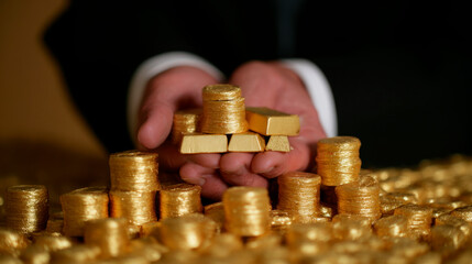 Gold bars and coins in the hands of a businessman, against a golden background with a pile of money.