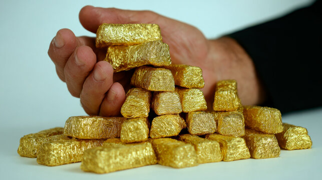 Gold bars and coins in the hands of a businessman, against a golden background with a pile of money.