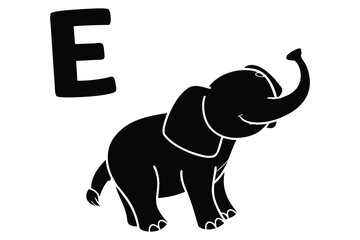 A black silhouette vector elephant leaning on the letter E on a white background