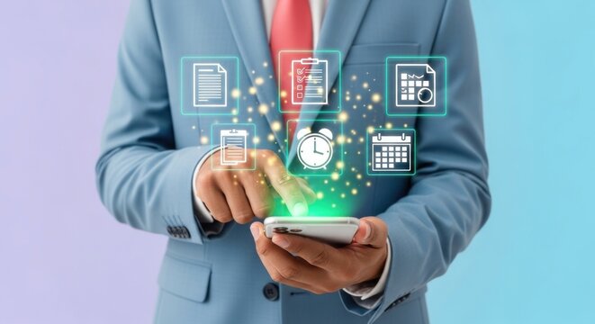 A businessman interacting with digital icons on a smartphone for productivity and management tasks