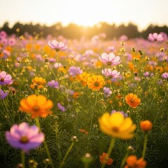 Fototapeta premium Golden Hour Cosmos Field Autumn Colors Pink Orange Flowers
