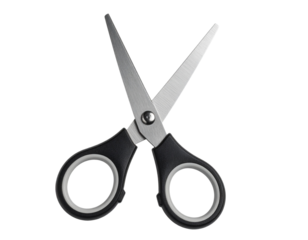 Realistic pair of black scissors with metallic blades, isolated on a transparent background