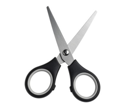 Realistic pair of black scissors with metallic blades, isolated on a transparent background