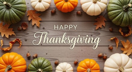 Happy Thanksgiving Autumn Pumpkins Fall Leaves Wooden Background