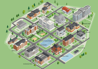 Campus Overview A Detailed Vector Illustration of University Buildings and Landscape, Ideal for Orientation and Mapping Applications