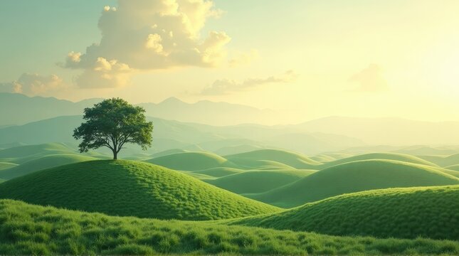 Lush, rolling hills and a solitary tree under a serene sky.