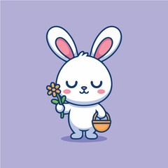 Obraz premium Vector cute easter bunny cartoon holding flower and basket illustration vector art