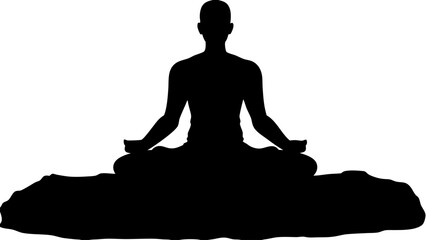 Silhouette of a person meditating in lotus position sitting on a rock formation against white background