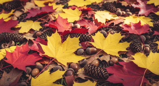 Red and Yellow Autumn Maple Leaves Acorns Pine Cones Fall Foliage - Powered by Adobe