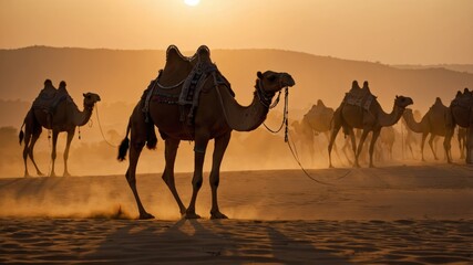 Camel Silhouette Sunset Pushkar Desert Festival