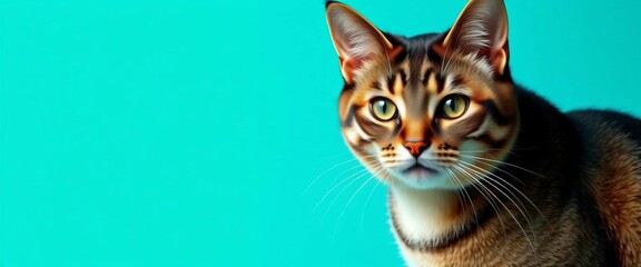 Fototapeta premium A sleek American Shorthair cat poses against a vibrant teal backdrop, cat, playful