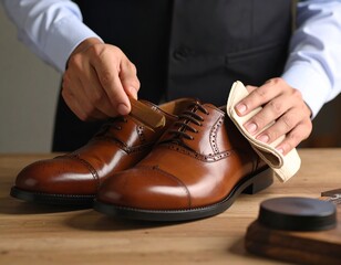 Asian man polishing shoes with concentration, vintage ambiance.