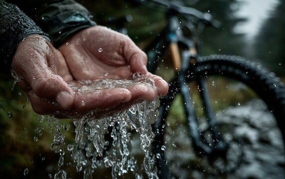 Close-up of Cyclist's Hands Holding Water, Flowing Drops, Mountain Bike Background, Refreshment Concept, Nature, Outdoors, and Adventure