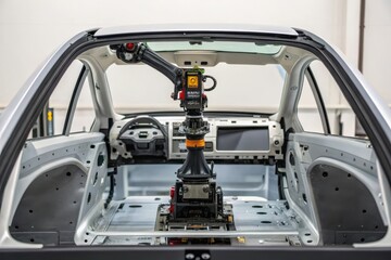 Fototapeta premium Robotic Arm Attaching Components Inside a Clean Car Interior Dashboard Frame
