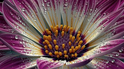 close up of a purple and white flower with droplets of water on it. The flower is the main focus of the image, and the water droplets add a sense of freshness and life to the scene - Powered by Adobe
