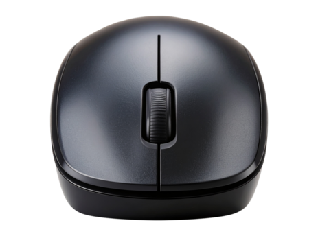 Black wireless computer mouse with scroll wheel, isolated on a transparent background