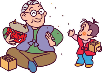節分での老人と子供
