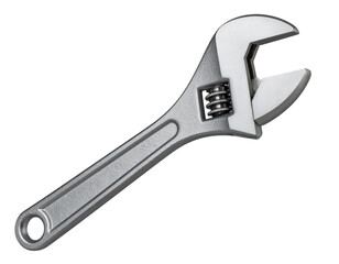 Silver adjustable wrench with worn metal texture, isolated on a transparent background