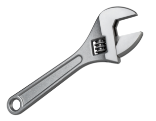 Silver adjustable wrench with worn metal texture, isolated on a transparent background