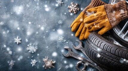 Flat lay of winter car tires merry mood