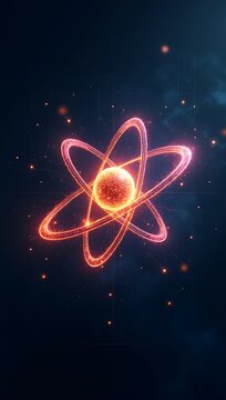 High-detail 3D rendering of a hydrogen atom with nucleus and orbiting electron trails, glowing with energy pulses on a dark grid background.

