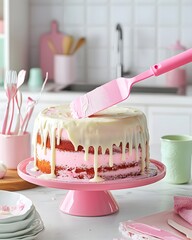 Pink cake with white frosting is being decorated with a pink spatula