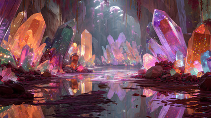 Fantasy illustration showcasing a mesmerizing crystal cave filled with glowing gemstones, magical lighting, and reflective surfaces. Perfect as a backdrop for fantasy games, animation scenes