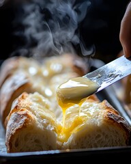 Person is spreading butter on a piece of bread