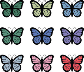 Colorful butterflies with black outlines and segmented wings butterfly green