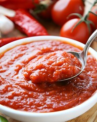 Spoonful of red sauce is being scooped out of a white bowl